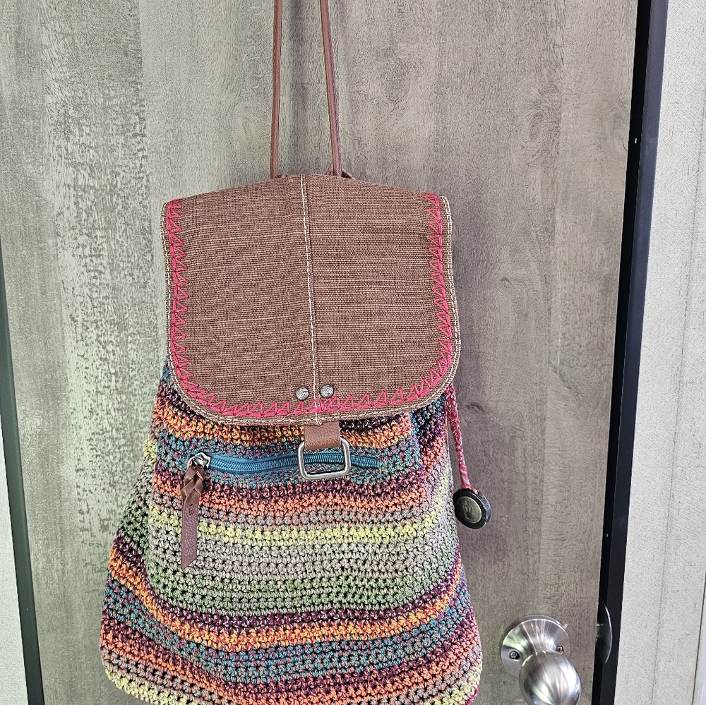 The Sak Brown and Pink Backpack with Woven Design